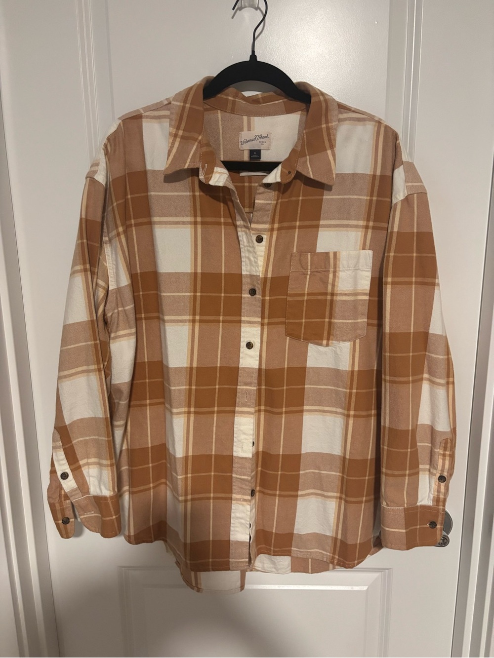 Women’s Beige & Camel Plaid Button-Up Flannel XL